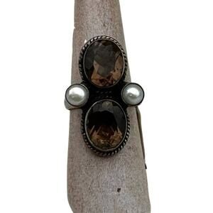 Vintage Topaz Sterling Silver Ring, Brown Topaz, Pearl Multi Stone Ring Sz 6.25